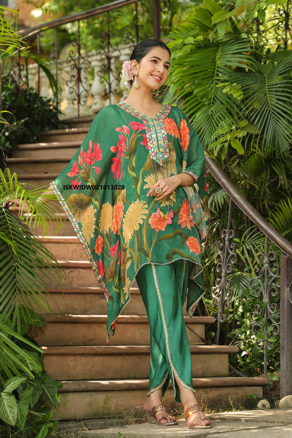 Printed Chinon Kaftan Top With Tulip Pant-ISKWIDW021013028