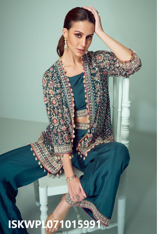 Embroidered Chinon Crop Top With Palazzo And Jacket-ISKWPL071015991