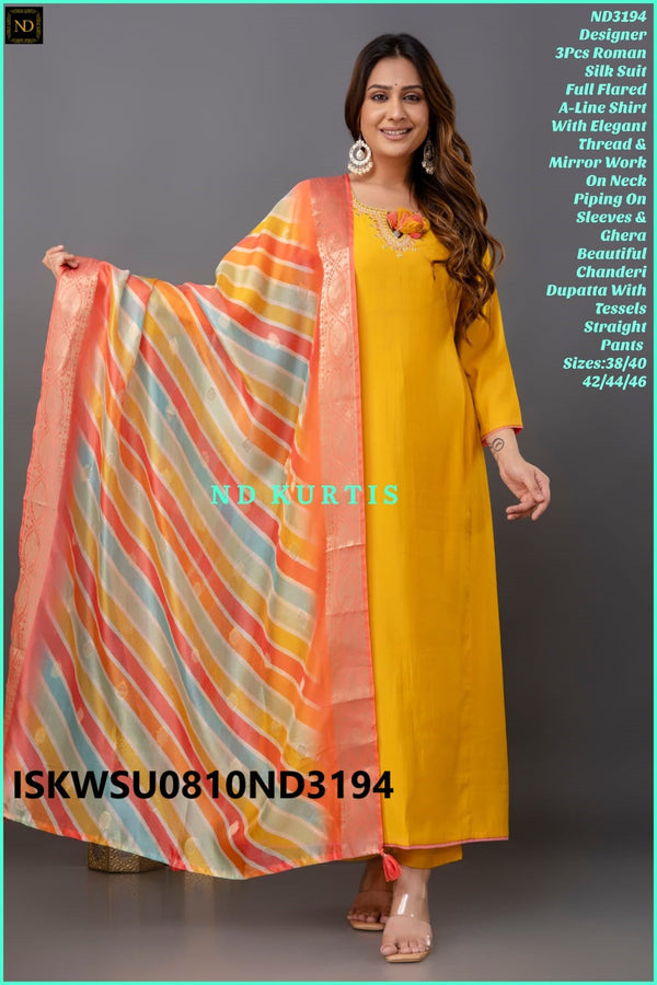 Embroidered Silk A-Line Kurti With Pant And Printed Chanderi Dupatta-ISKWSU0810ND3194