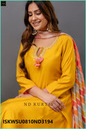 Embroidered Silk A-Line Kurti With Pant And Printed Chanderi Dupatta-ISKWSU0810ND3194