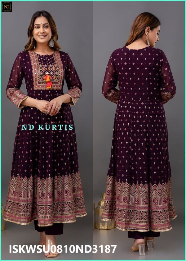 Embroidered Georgette Anarkali Kurti With Pant And Dupatta-ISKWSU0810ND3187