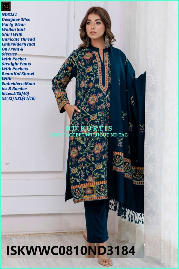 Embroidered Woolen Kurti With Pant And Shawl-ISKWWC0810ND3184