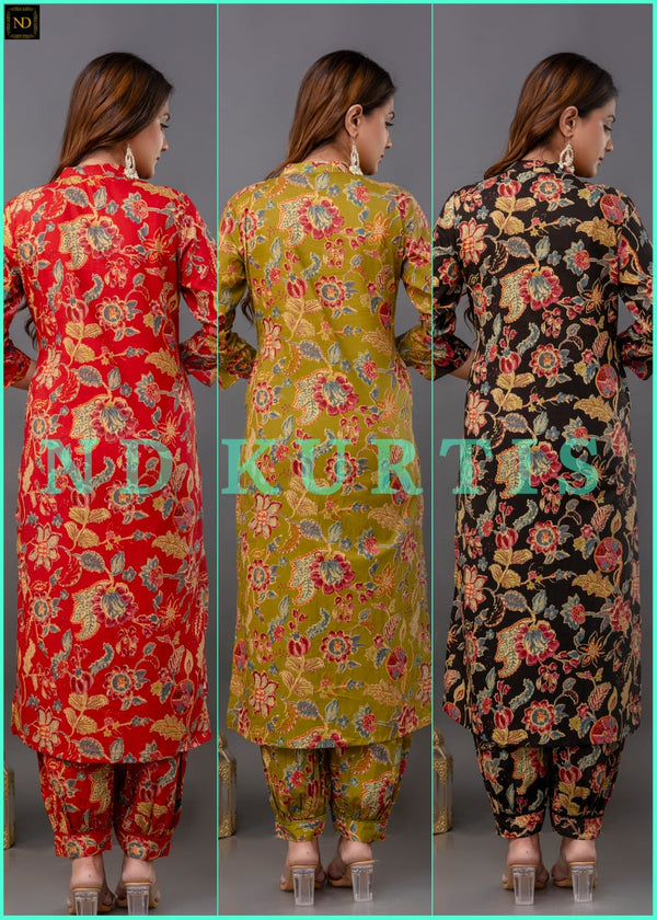 Printed Cotton Kurti With Afghani Pant And Dupatta-ISKWSU0810ND3178/ND3179/ND3180