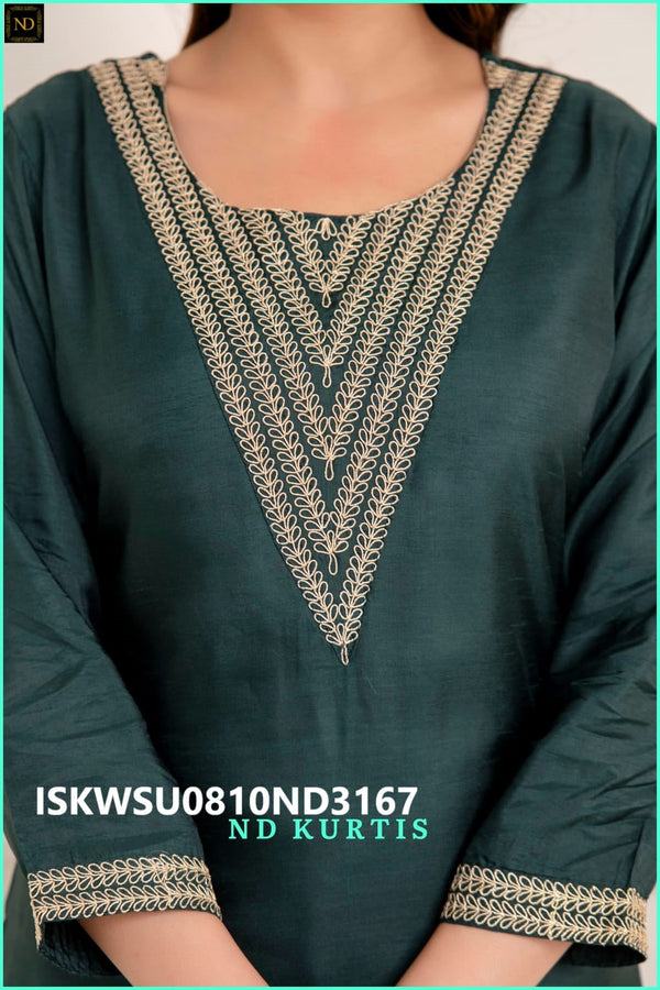 Embroidered Viscose Dola Silk Kurti With Pant And Zari Weaved Dupatta-ISKWSU0810ND3167