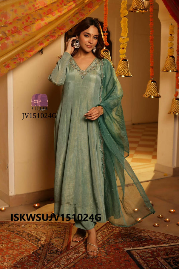 Embroidered Tissue Silk Anarkali Kurti With Silk Pant And Dupatta-ISKWSUJV151024G/JV151024Y