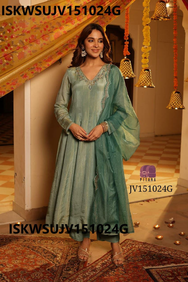 Embroidered Tissue Silk Anarkali Kurti With Silk Pant And Dupatta-ISKWSUJV151024G/JV151024Y