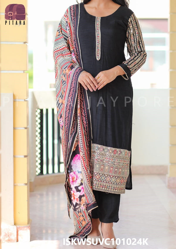 Embroidered Silk Kurti With Pant And Digital Printed Dupatta-ISKWSUVC101024K