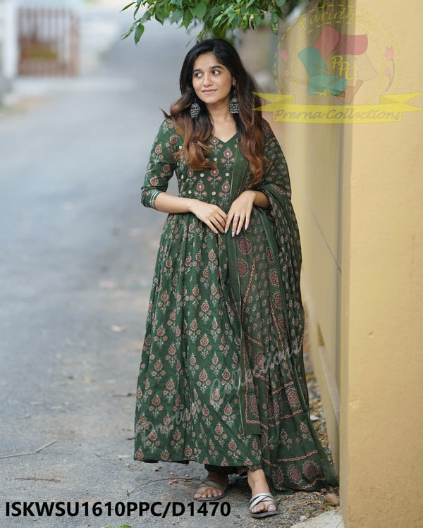 Ajrakh Printed Cotton Anarkali Kurti With Pant And Malmal Cotton Dupatta-ISKWSU1610PPC/D1470