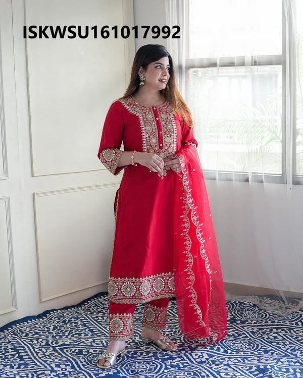 Embroidered Silk Kurti With Pant And Dupatta-ISKWSU161017992