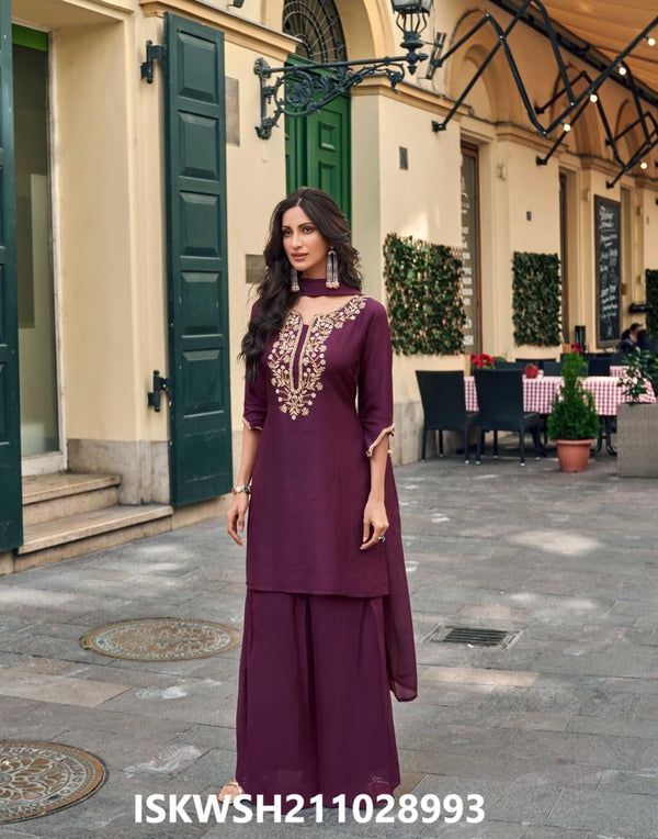 Embroidered Viscose Jacquard Silk Kurti With Sharara And Dupatta-ISKWSH211028993