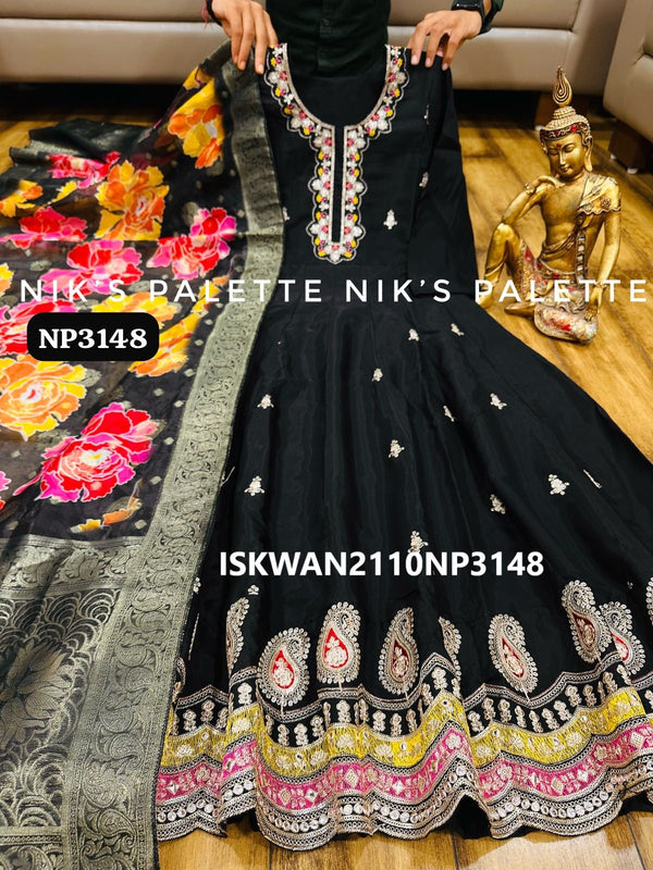 Embroidered Modal Maslin Silk Anarkali With Floral Printed Banarasi Weaved Organza Dupatta-ISKWAN2110NP3148