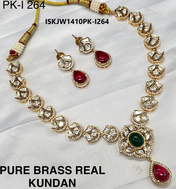 Pure Brass Real Kundan Jewelry Set-ISKJW1410PK-I264