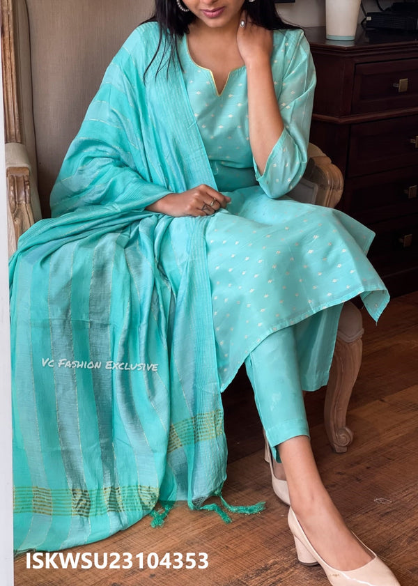 Modal Chanderi Kurti With Silk Pant And Self Zari Weaving Chanderi Dupatta-ISKWSU23104353