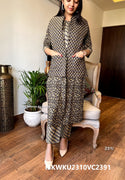 Hand Block Printed Cotton Kurti With Pant And Quilted Jacket-ISKWKU2310VC2391