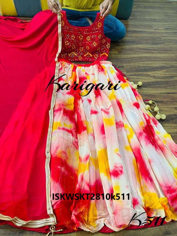 Tie And Dye Printed Georgette Skirt With Crop Top And Chiffon Dupatta-ISKWSKT2810k511