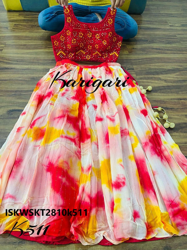 Tie And Dye Printed Georgette Skirt With Crop Top And Chiffon Dupatta-ISKWSKT2810k511