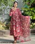 Hand Block Printed Cotton Anarkali Kurti With Pant And Kota Doriya Dupatta-ISKWSU2810PPC/D1717