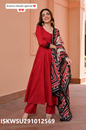 Rayon Cotton Flared Kurti With Pant And Printed Malmal Cotton Dupatta-ISKWSU291012569