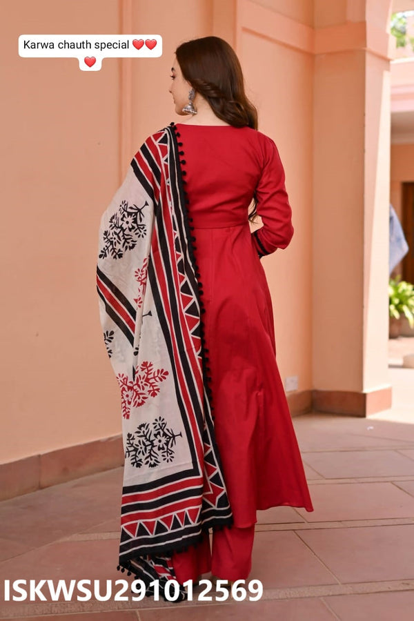 Rayon Cotton Flared Kurti With Pant And Printed Malmal Cotton Dupatta-ISKWSU291012569