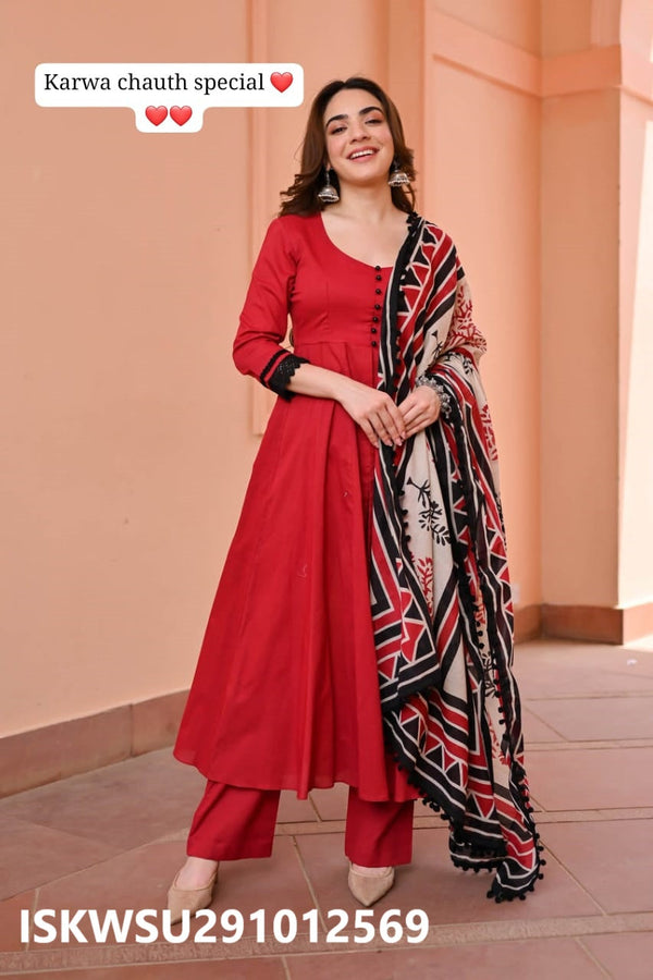 Rayon Cotton Flared Kurti With Pant And Printed Malmal Cotton Dupatta-ISKWSU291012569