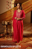 Embroidered Silk Kurti With pant And Organza Dupatta-ISKWSU291012573