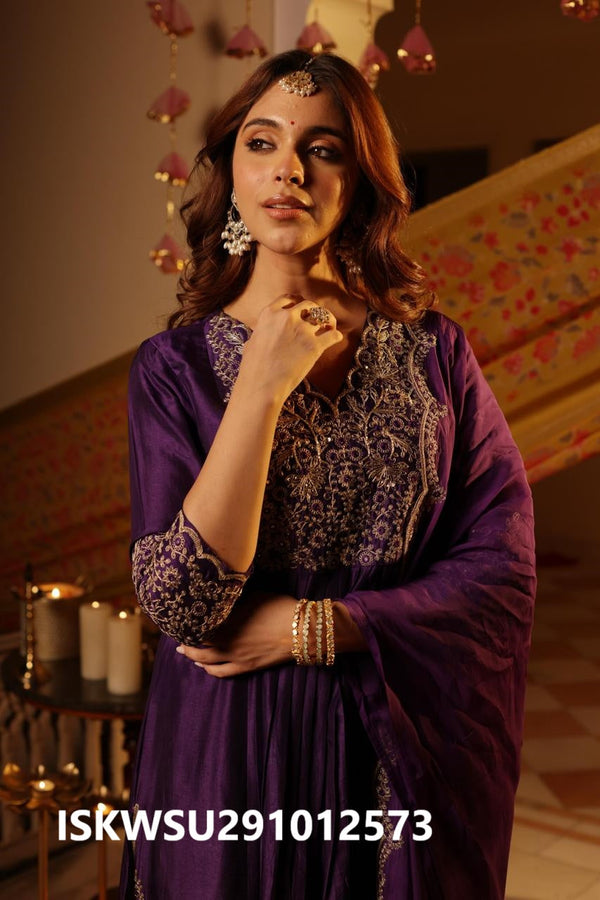 Embroidered Silk Kurti With pant And Organza Dupatta-ISKWSU291012573