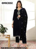 Embroidered Velvet Kurti With Pant And Dupatta-ISKWSU2910OMK3552