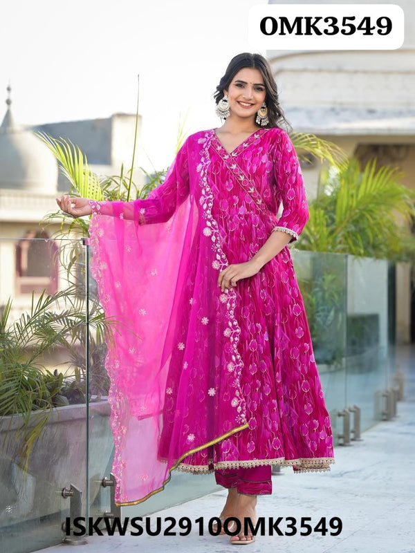 Printed Maslin Anarkali Kurti With Shantoon Pant And Embroidered Dupatta-ISKWSU2910OMK3549