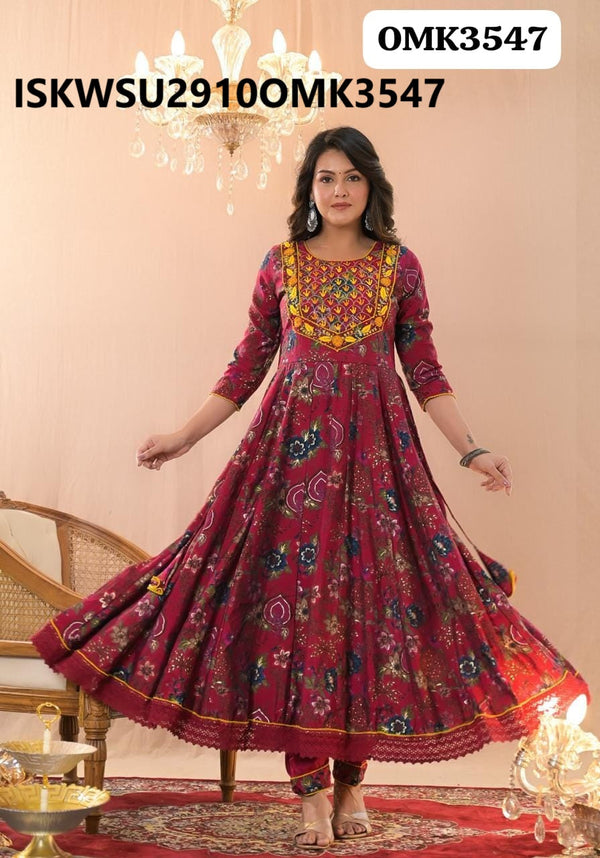 Printed Maslin Anarkali Kurti With Shantoon Pant And Organza Dupatta-ISKWSU2910OMK3547