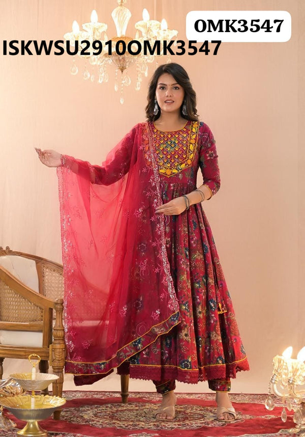 Printed Maslin Anarkali Kurti With Shantoon Pant And Organza Dupatta-ISKWSU2910OMK3547