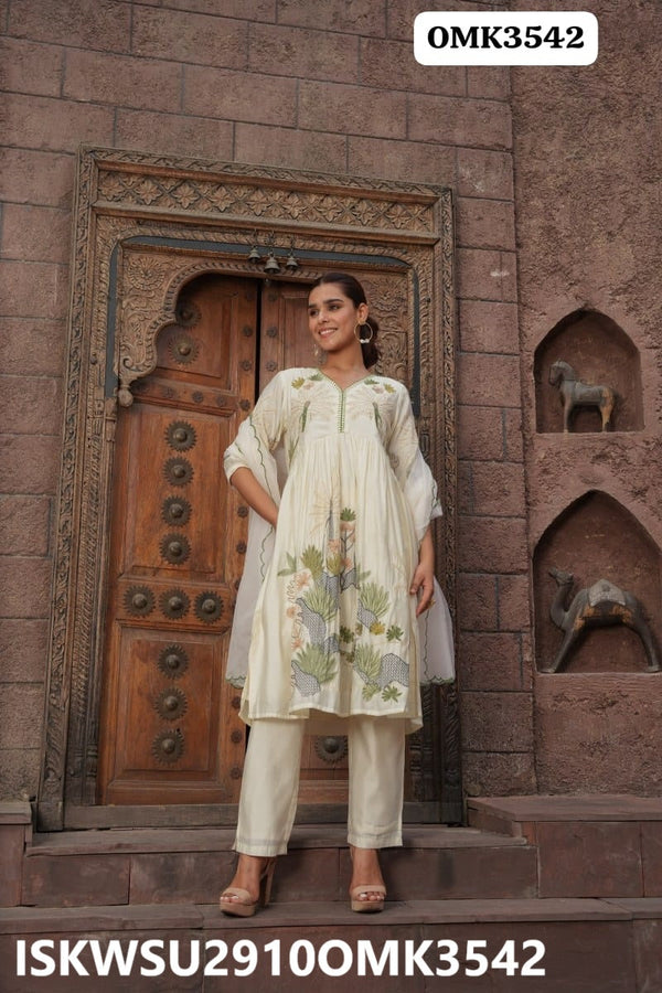 Silk Anarkali Kurti With Pant And Organza Dupatta-ISKWSU2910OMK3542