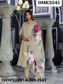 Cotton Anarkali Kurti With Pant And Brush Printed Organza Dupatta-ISKWSU2910OMK3541