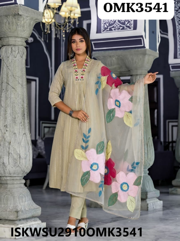 Cotton Anarkali Kurti With Pant And Brush Printed Organza Dupatta-ISKWSU2910OMK3541