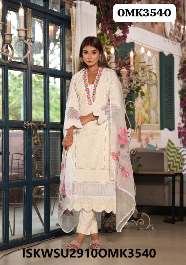 Cotton Schiffli Anarkali Kurti With Pant And Brush Printed Organza Dupatta-ISKWSU2910OMK3540