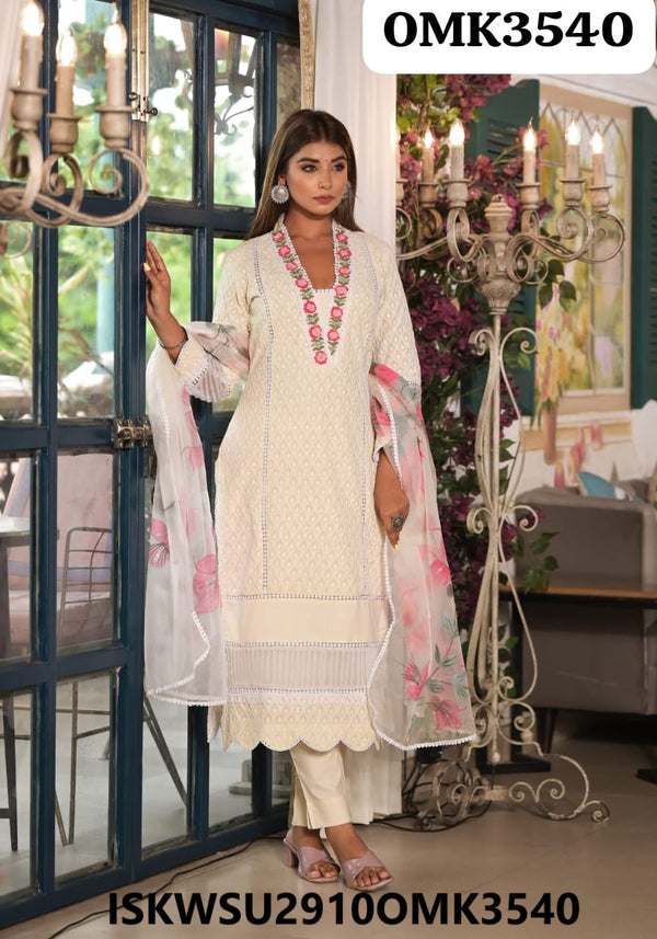 Cotton Schiffli Anarkali Kurti With Pant And Brush Printed Organza Dupatta-ISKWSU2910OMK3540