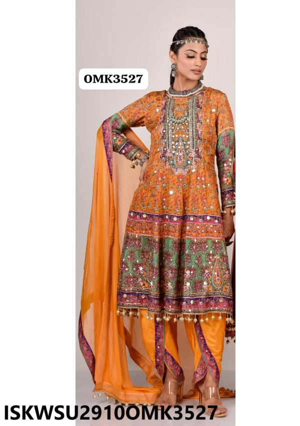 Embroidered Tabby Silk Peplum Kurti With Dhoti Pant And Chiffon Dupatta-ISKWSU2910OMK3527