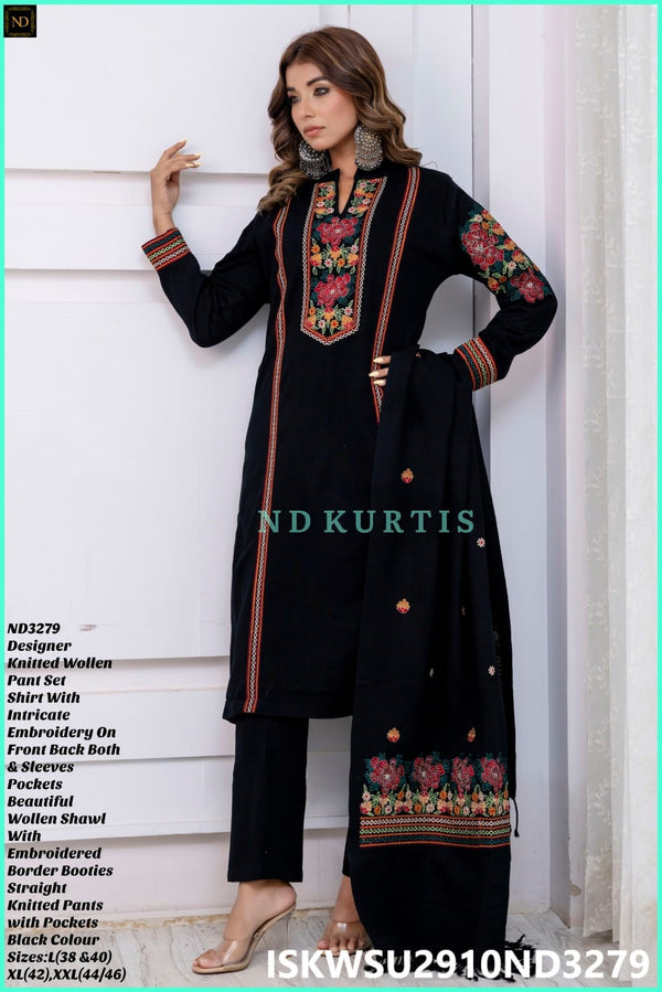 Embroidered Woolen Kurti With Pant And Shawl-ISKWSU2910ND3279