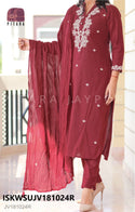 Embroidered Linen Cotton Kurti With Pant And Crushed Cotton Dupatta-ISKWSU2910OMK2690