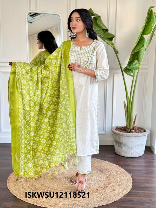 Embroidered Cotton Kurti With Pant And Art Silk Dupatta-ISKWSU12118521