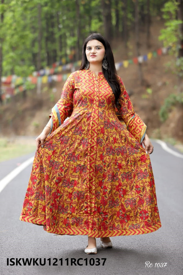 Printed Cotton Double Layer Kurti With Dupatta-ISKWKU1211RC1037