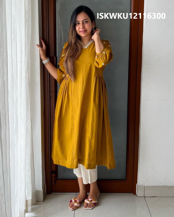 Embroidered Cotton A-Line Kurti With Pant-ISKWKU12116300