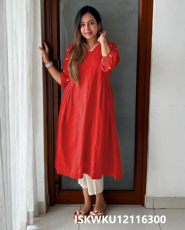 Embroidered Cotton A-Line Kurti With Pant-ISKWKU12116300