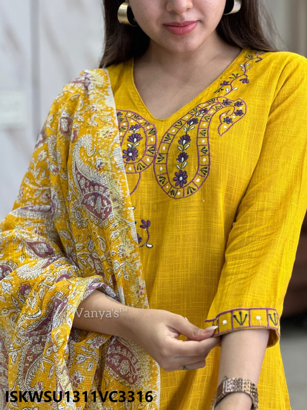 Handloom Cotton Kurti With Cotton Pant And Hand Block Printed Kota Doriya Dupatta-ISKWSU1311VC3316