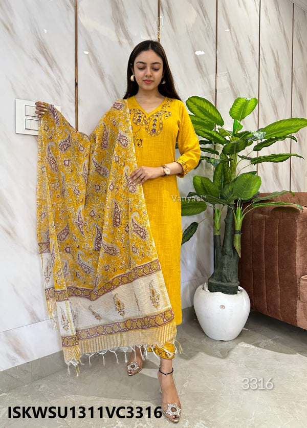 Handloom Cotton Kurti With Cotton Pant And Hand Block Printed Kota Doriya Dupatta-ISKWSU1311VC3316