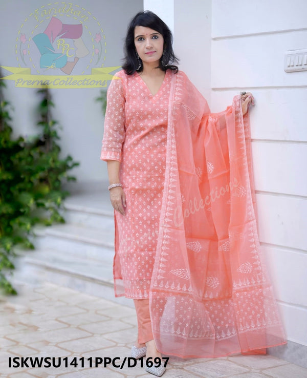 Hand Block Printed Kota Doriya Kurti With Cotton Pant And Kota Doriya Dupatta-ISKWSU1411PPC/D1697