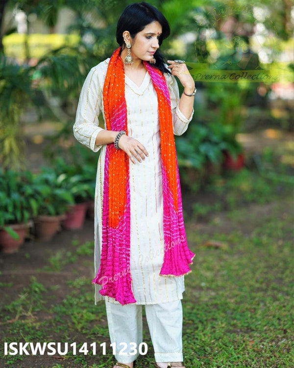 Cotton Kurti With Pant And Bandhej Printed Silk Dupatta-ISKWSU14111230