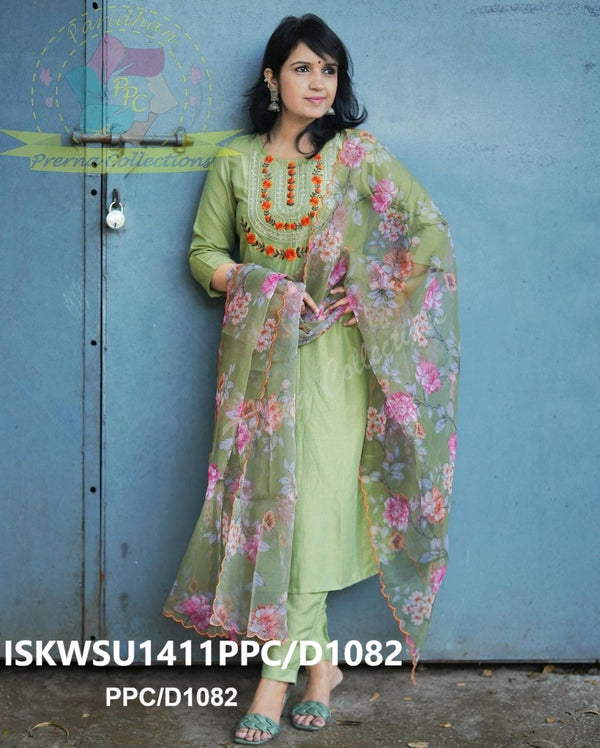 Cotton Silk Kurti With Pant And Floral Printed Organza Dupatta-ISKWSU1411PPC/D979