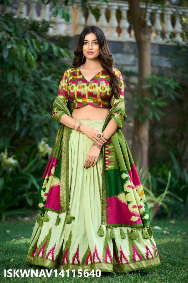 Foil Printed Tussar Silk Lehenga With Blouse And Dupatta-ISKWNAV14115640