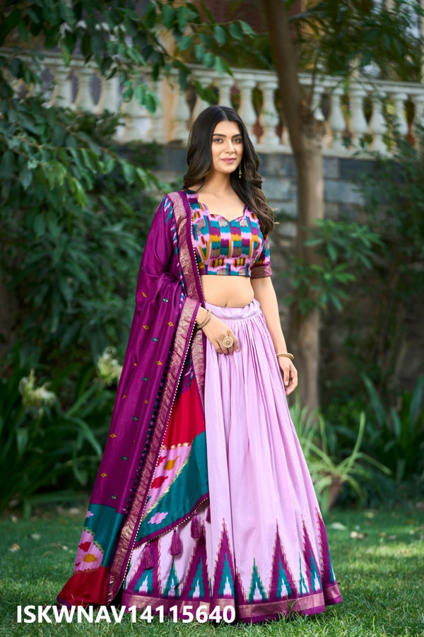 Foil Printed Tussar Silk Lehenga With Blouse And Dupatta-ISKWNAV14115640