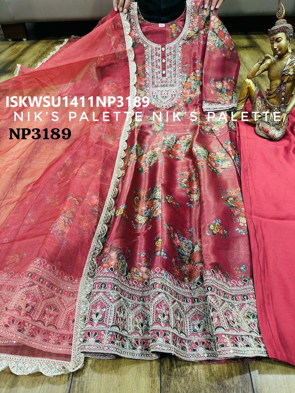 Digital Printed Tissue Organza Anarkali Kurti With Silk Pant And Dupatta-ISKWSU1411NP3189